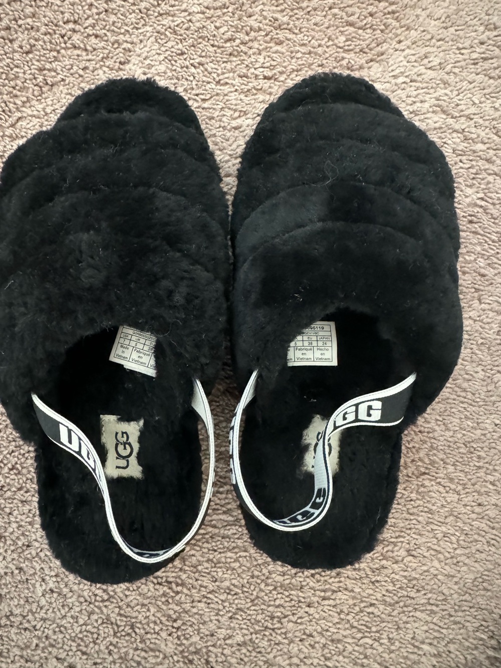 UGG Black Fuzzy Slide Sandals with Branded Heel Strap